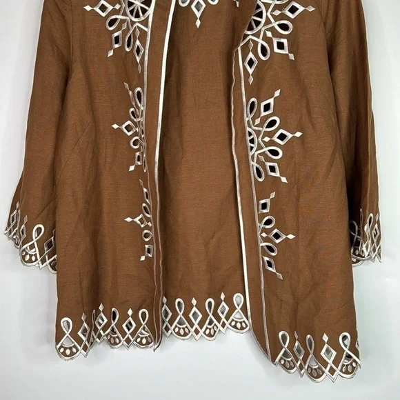 Bob Mackie Wearable Art Brown Embroidered Linen Blouse Size XS - Picture 3 of 8